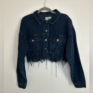Cropped distressed dark denim jacket by Premium Jeans, women’s large